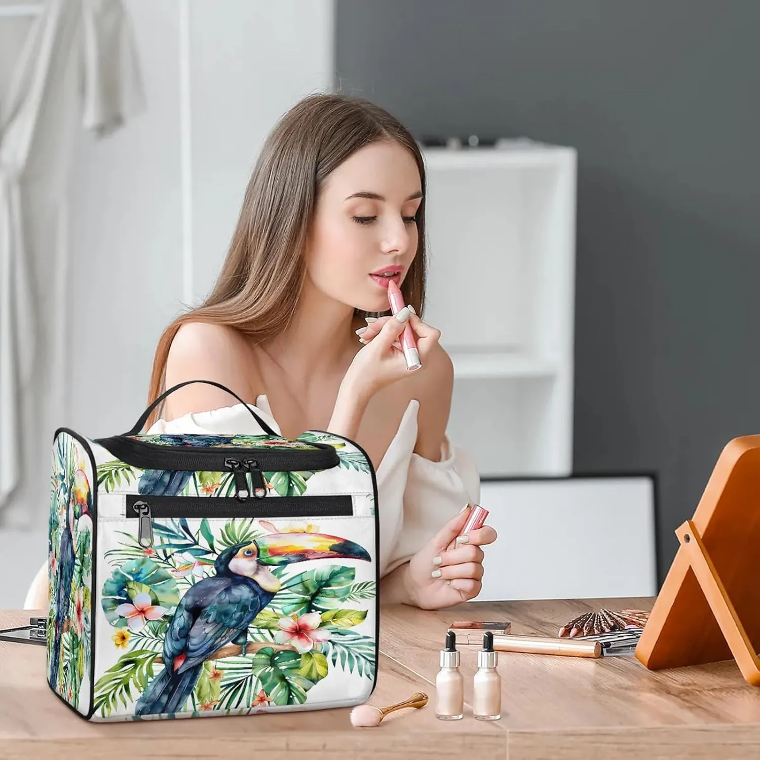 Tropical Birds And Plant Leaf Print Large Makeup Bag Travel Make Up Organizer for Women Girls Cosmetic Bag Organizer With Handle
