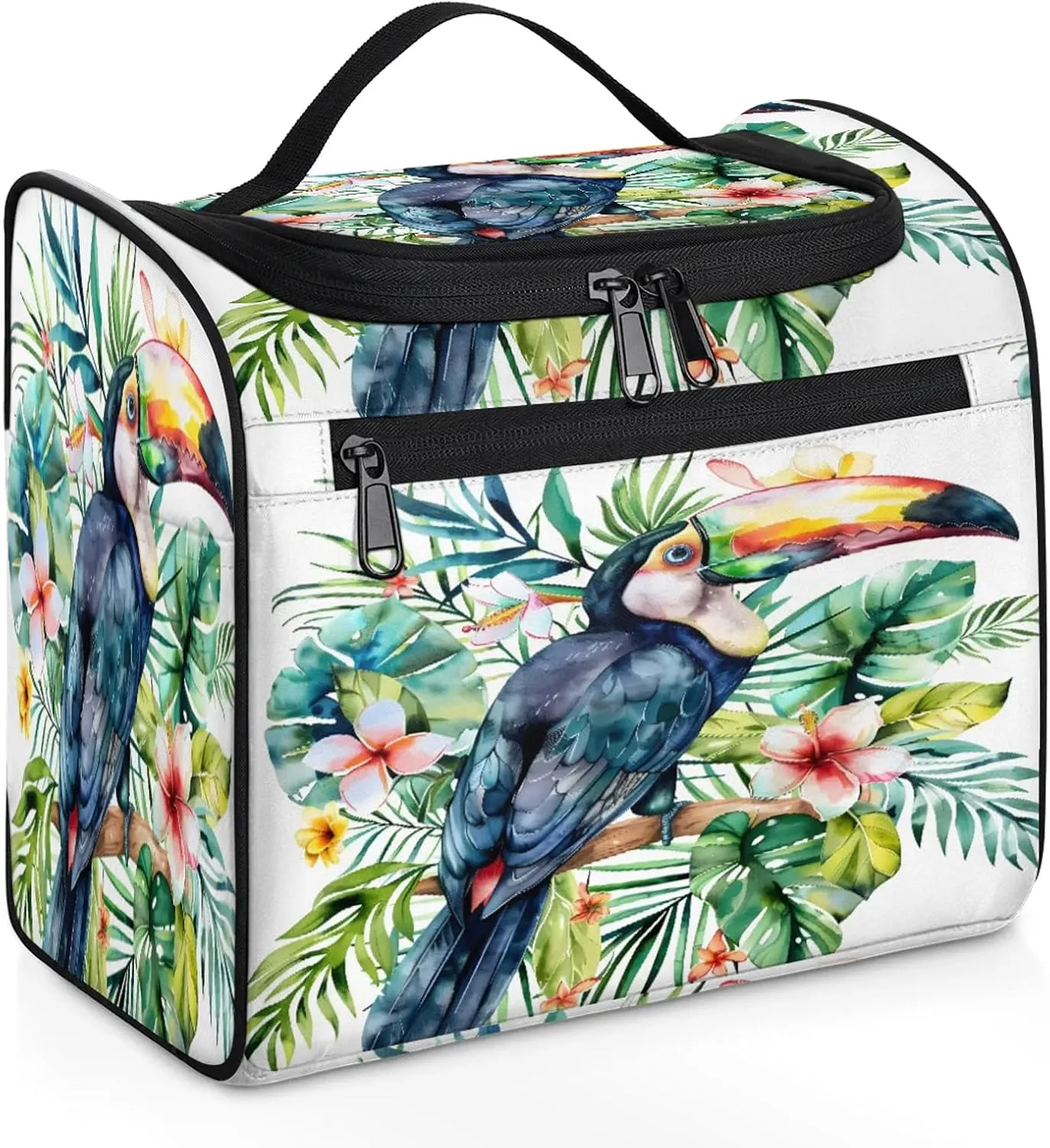 Tropical Birds And Plant Leaf Print Large Makeup Bag Travel Make Up Organizer for Women Girls Cosmetic Bag Organizer With Handle