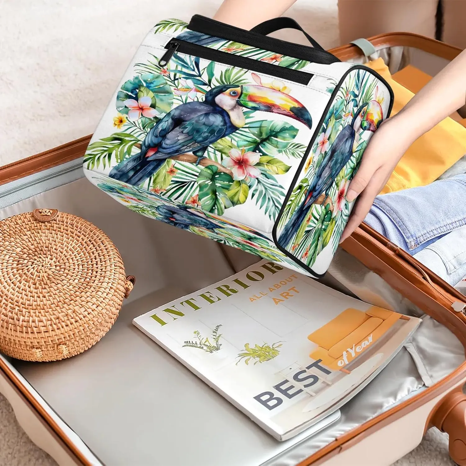 Tropical Birds And Plant Leaf Print Large Makeup Bag Travel Make Up Organizer for Women Girls Cosmetic Bag Organizer With Handle