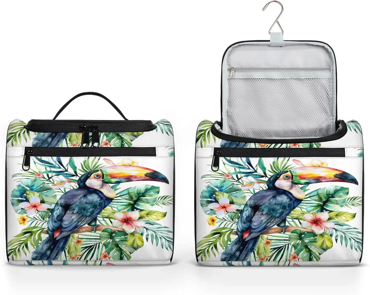 Tropical Birds And Plant Leaf Print Large Makeup Bag Travel Make Up Organizer for Women Girls Cosmetic Bag Organizer With Handle