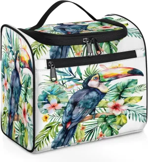 Tropical Birds And Plant Leaf Print Large Makeup Bag Travel Make Up Organizer for Women Girls Cosmetic Bag Organizer With Handle