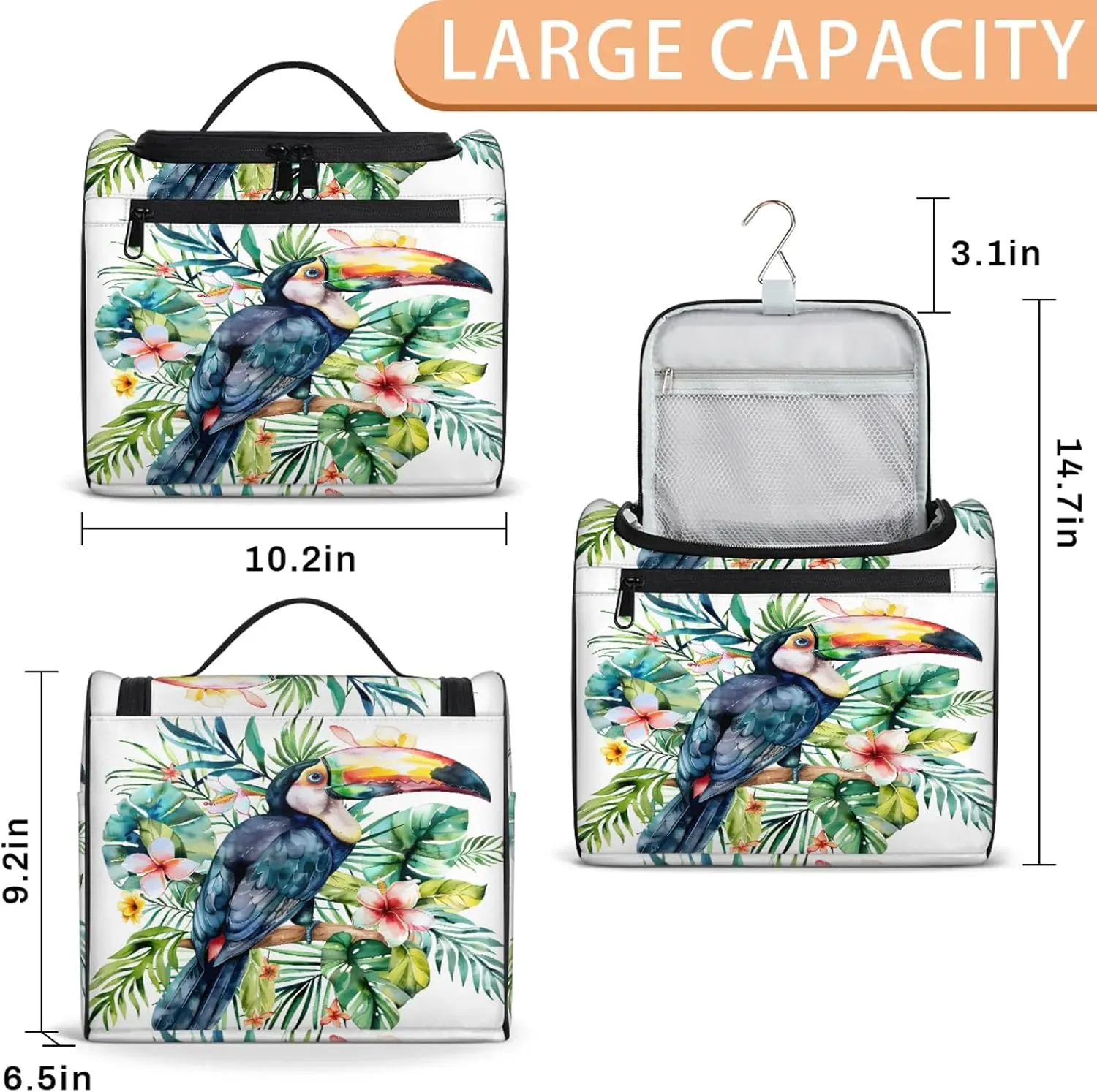 Tropical Birds And Plant Leaf Print Large Makeup Bag Travel Make Up Organizer for Women Girls Cosmetic Bag Organizer With Handle