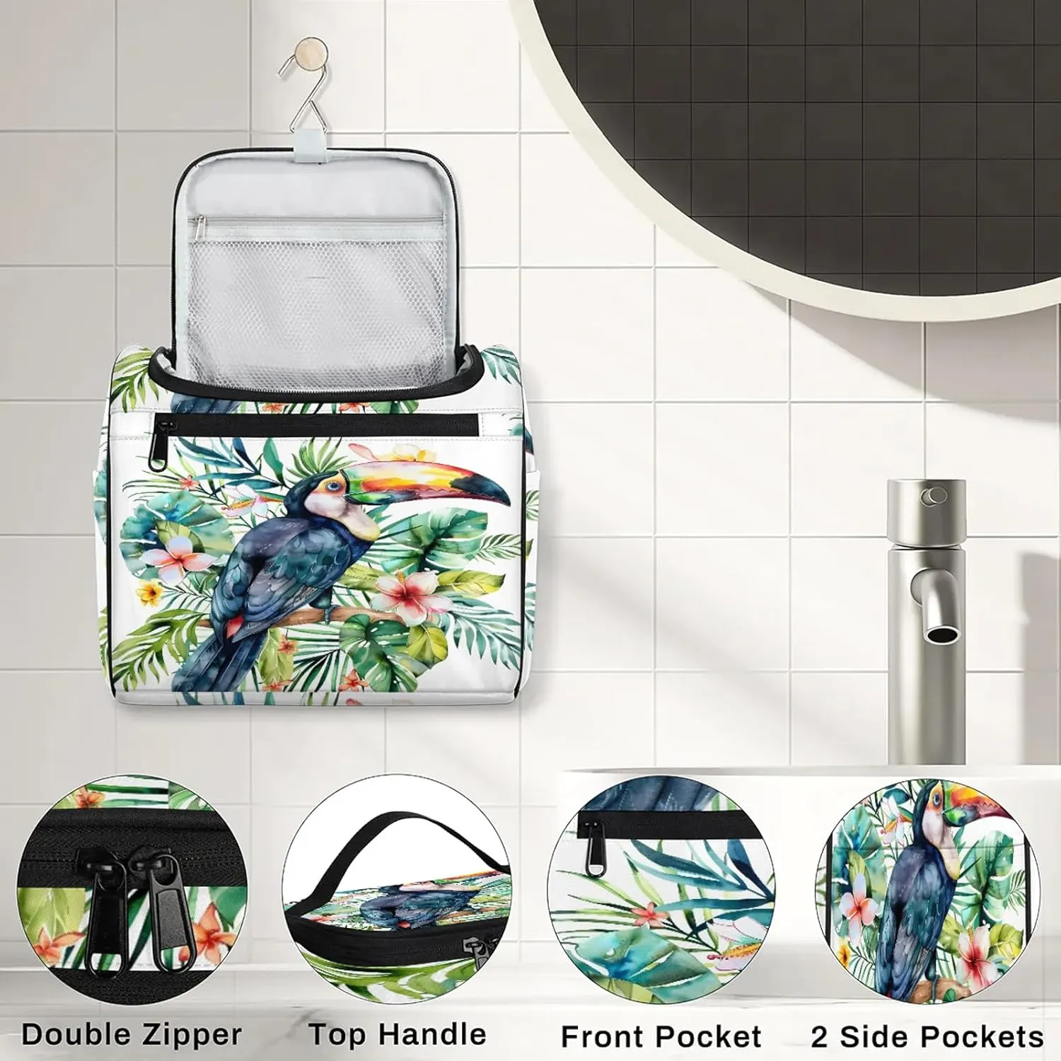 Tropical Birds And Plant Leaf Print Large Makeup Bag Travel Make Up Organizer for Women Girls Cosmetic Bag Organizer With Handle