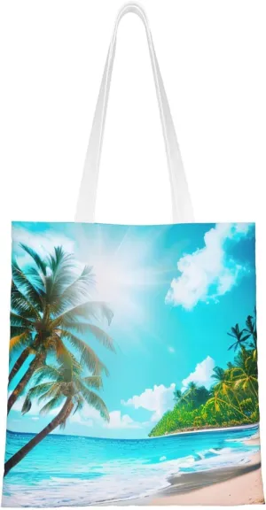 Tropical Ocean Beach Theme Print Canvas Tote Bag Reusable Shoulder Shopping Bags For Daily Use Shopping Travel