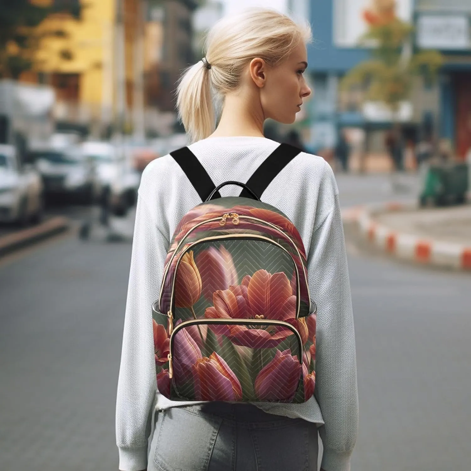 Tulips Blossom Pink Backpack Purse for Women Backpack Purse with Anti-theft Back for Women Hiking M