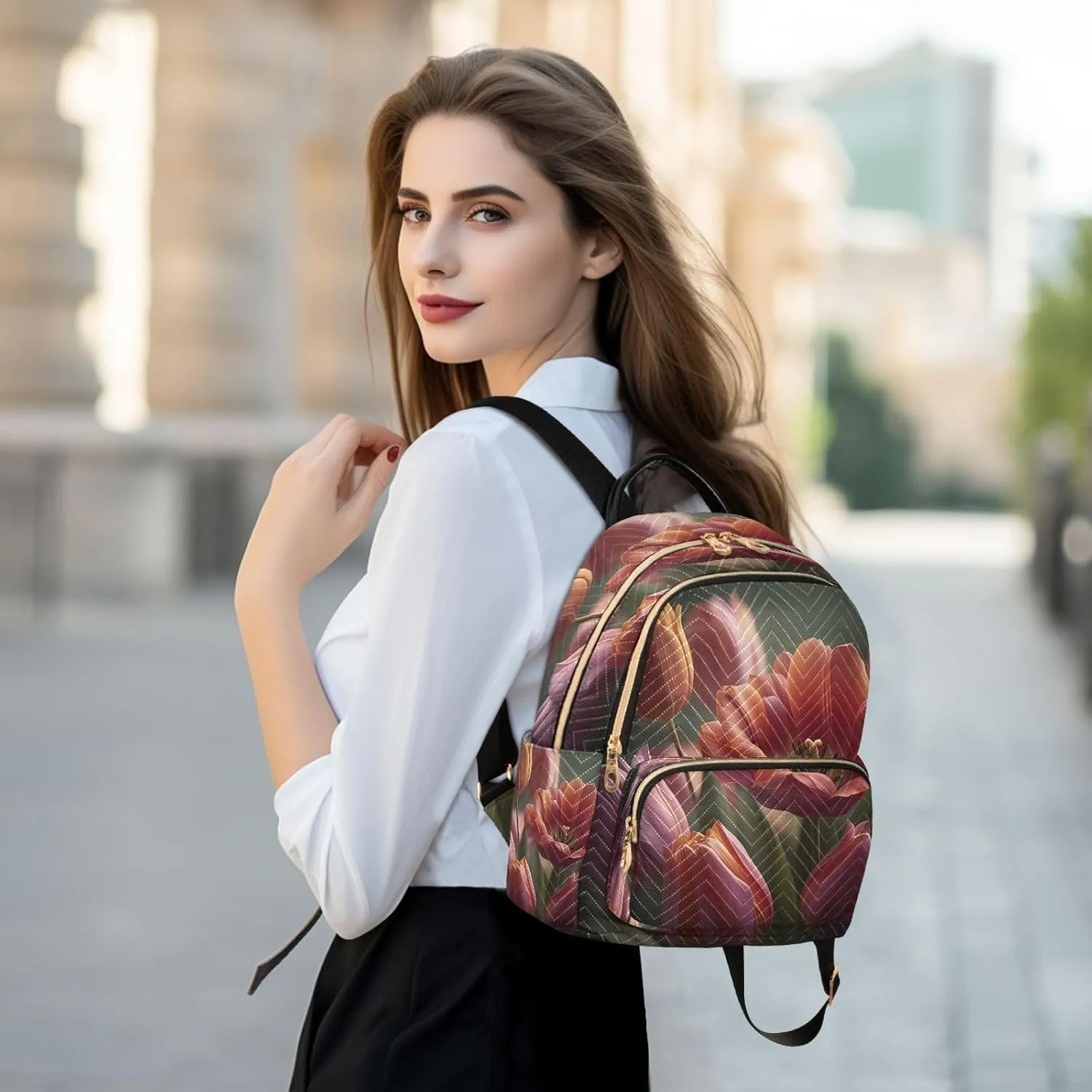 Tulips Blossom Pink Backpack Purse for Women Backpack Purse with Anti-theft Back for Women Hiking M