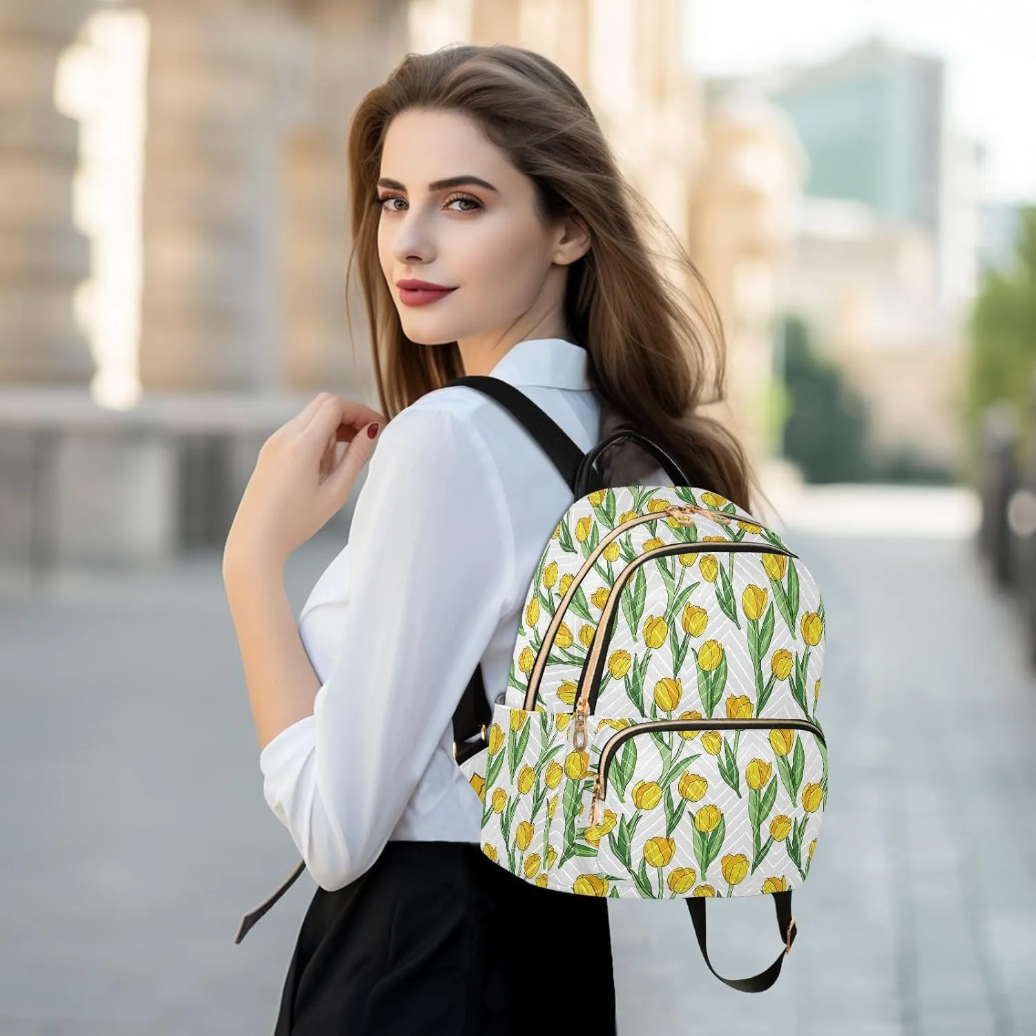 Tulips Flower White Backpack Purse for Women Mini Backpack Purse with Anti-theft Back for School Trips S