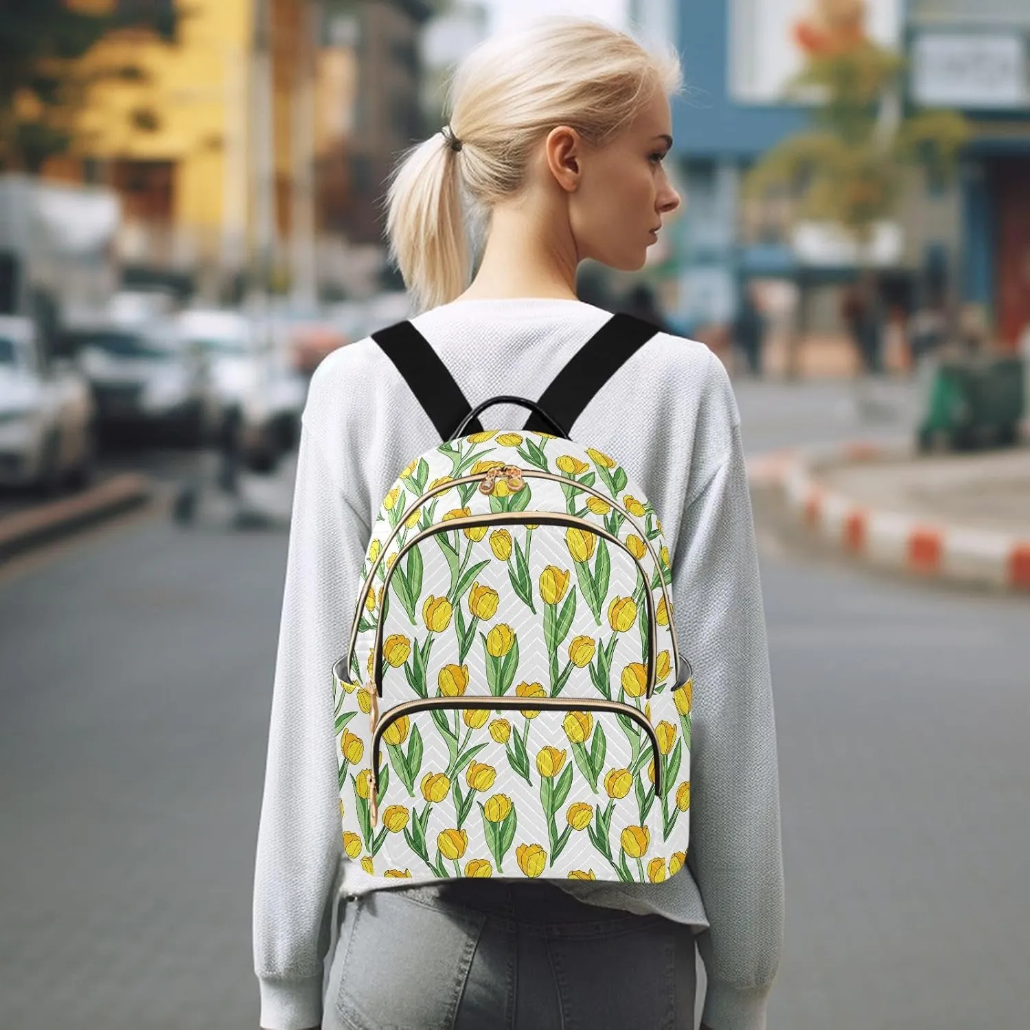 Tulips Flower White Backpack Purse for Women Mini Backpack Purse with Anti-theft Back for School Trips S