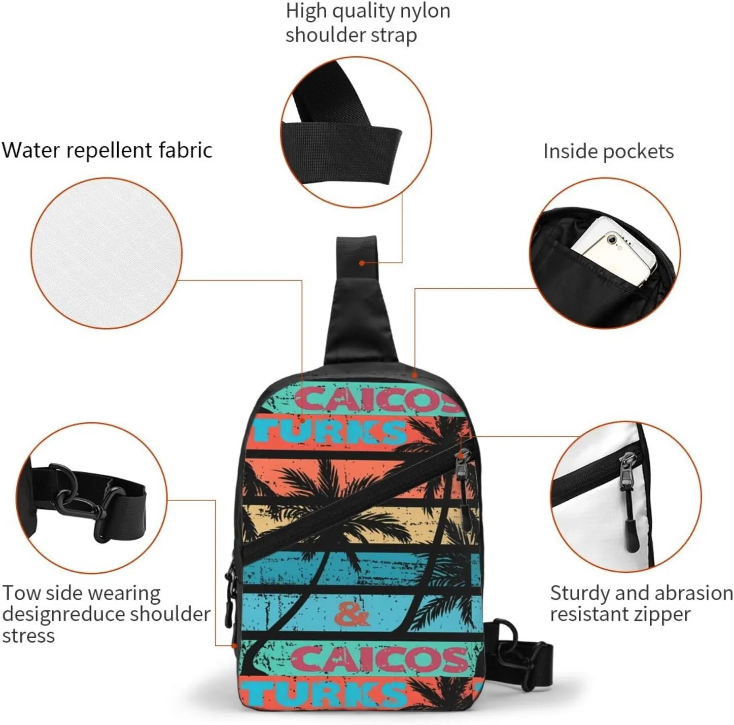 Turks Caicos Islands Palm Trees Crossbody Bag Portable Sling Bags Foldable Chest Daypack Reusable Sports Shoulder Backpack Diagonally Casual Rucksack Travel Bag