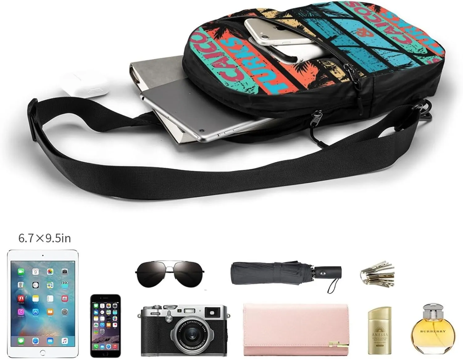 Turks Caicos Islands Palm Trees Crossbody Bag Portable Sling Bags Foldable Chest Daypack Reusable Sports Shoulder Backpack Diagonally Casual Rucksack Travel Bag