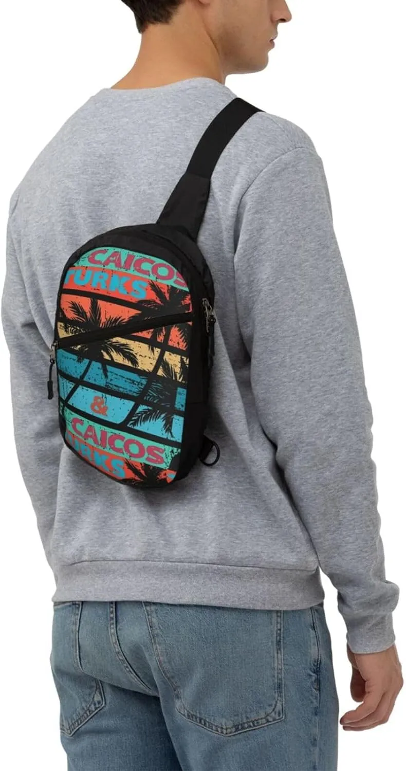Turks Caicos Islands Palm Trees Crossbody Bag Portable Sling Bags Foldable Chest Daypack Reusable Sports Shoulder Backpack Diagonally Casual Rucksack Travel Bag