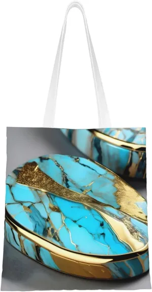 Turquoise Marble Print Canvas Tote Bag Reusable Shoulder Shopping Bags For Daily Use Shopping Travel