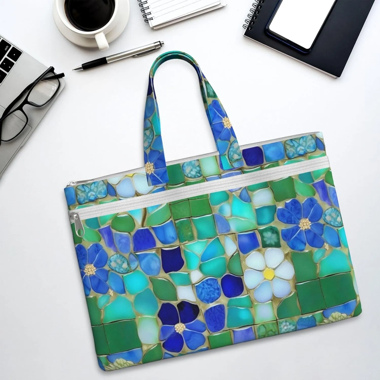 Turquoise Pattern Canvas Document Bag A4 File Organizer for School Supplies and Study