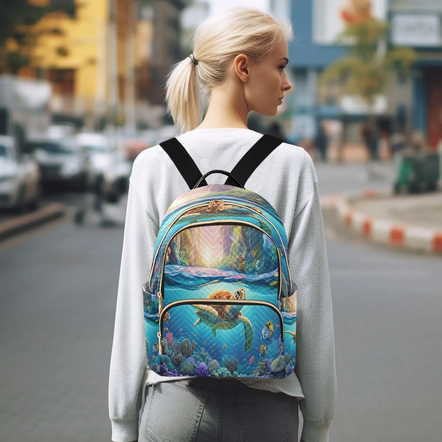 Turtle Coral Reef Blue Backpack Purse for Women Fashion Travel Bag with Anti-theft Back for Trips S