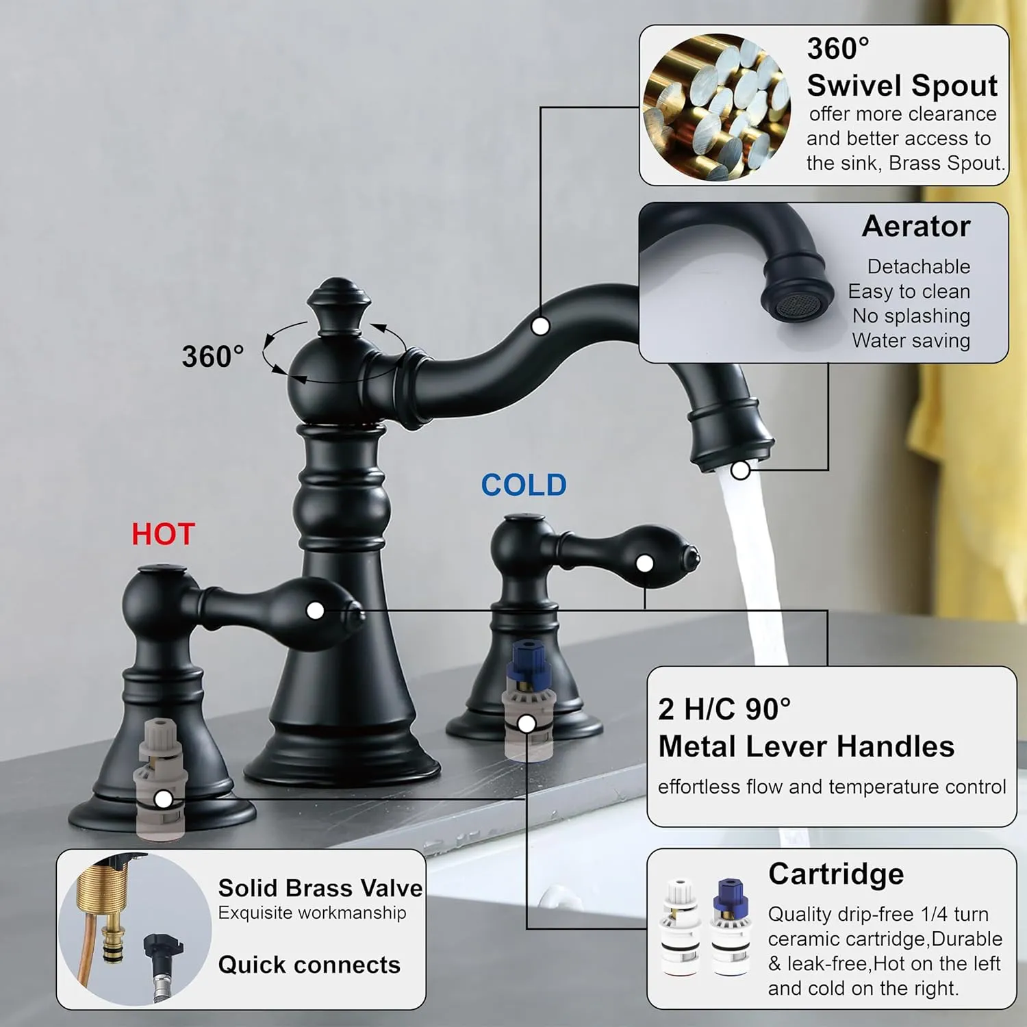 Two Handle Bathroom Sink Faucet Matte Black 3 Hole Sink Faucet with Pop up Drain, 8 Inch Widespread Bathroom Faucet,High Arc Lavatory Faucet,F-8805P-MT