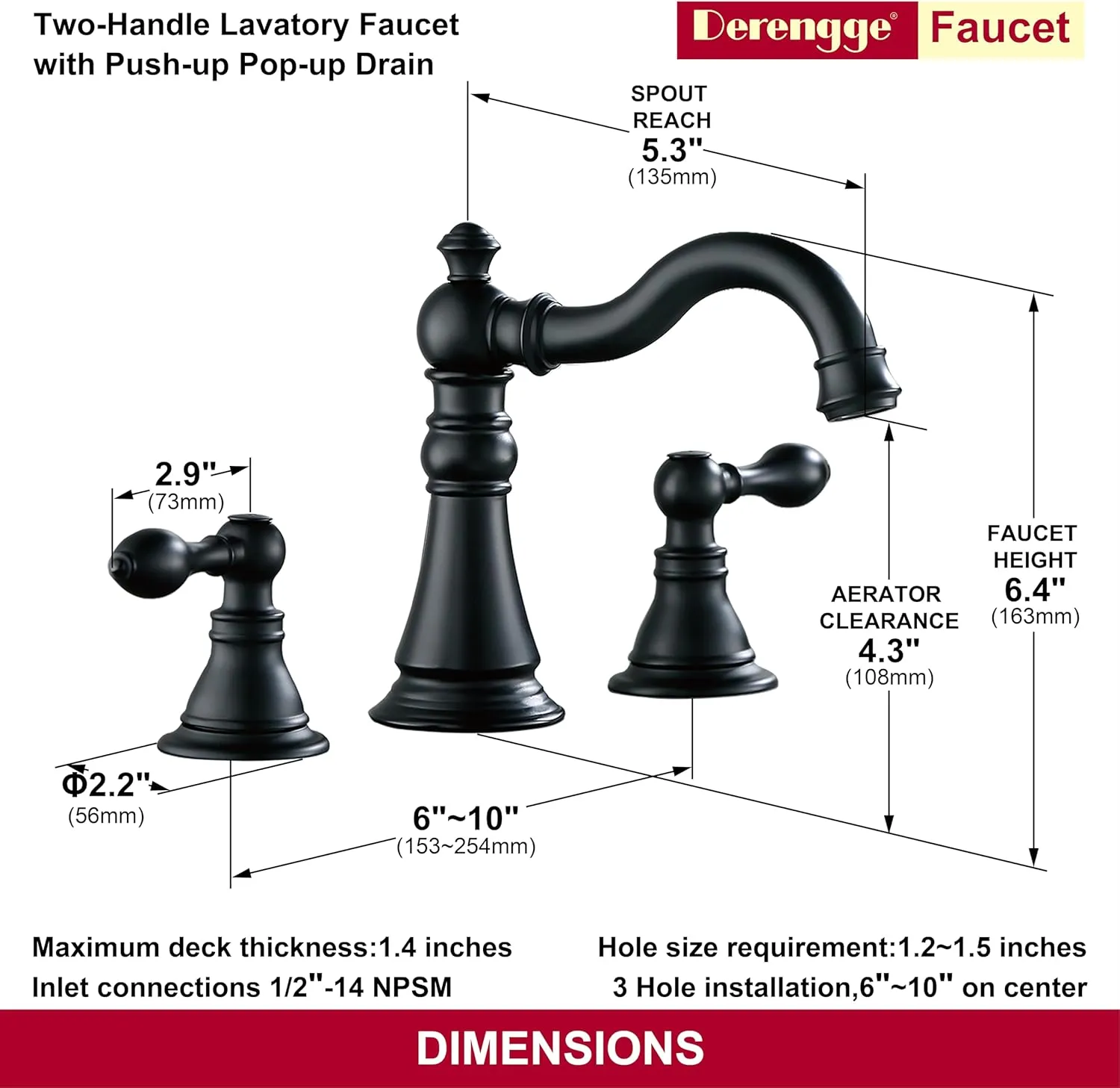 Two Handle Bathroom Sink Faucet Matte Black 3 Hole Sink Faucet with Pop up Drain, 8 Inch Widespread Bathroom Faucet,High Arc Lavatory Faucet,F-8805P-MT