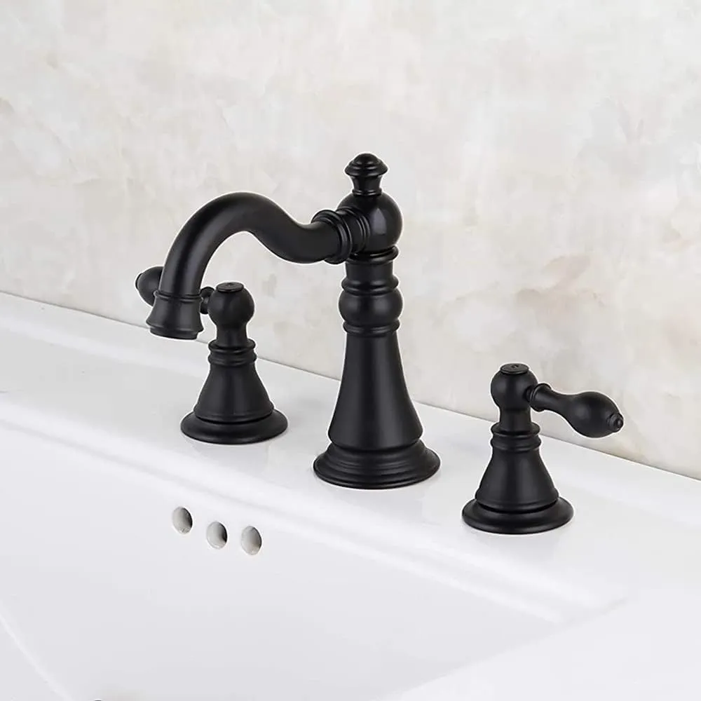 Two Handle Bathroom Sink Faucet Matte Black 3 Hole Sink Faucet with Pop up Drain, 8 Inch Widespread Bathroom Faucet,High Arc Lavatory Faucet,F-8805P-MT