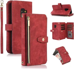 UEEBAI Case for Samsung Galaxy S9, 9 Card Slots Retro Leather Wallet Shockproof Flip Cover with Hand Strap Card Slots Zipper Pocket Kickstand Handbag Magnetic Closure - Retro Red Wine