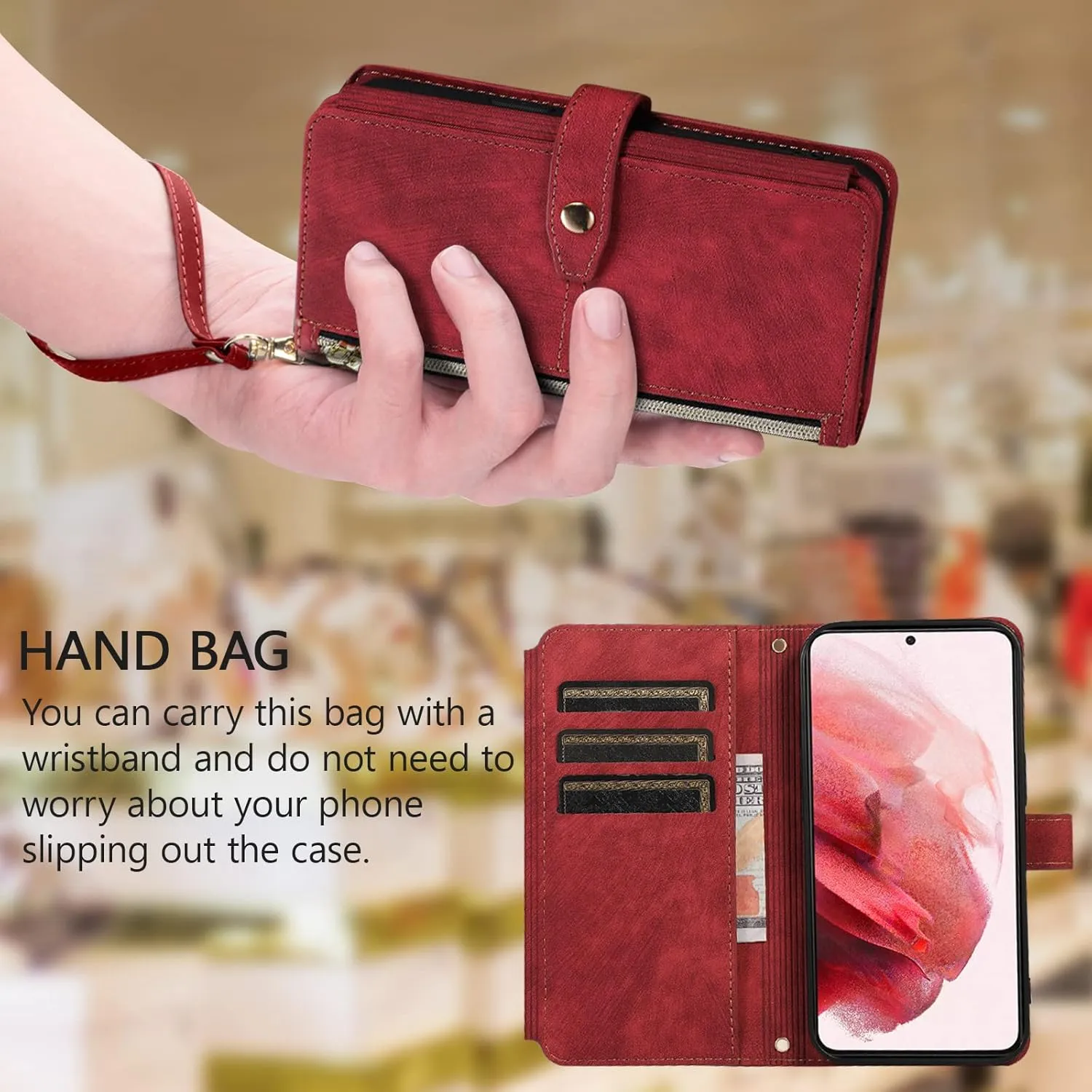 UEEBAI Case for Samsung Galaxy S9, 9 Card Slots Retro Leather Wallet Shockproof Flip Cover with Hand Strap Card Slots Zipper Pocket Kickstand Handbag Magnetic Closure - Retro Red Wine