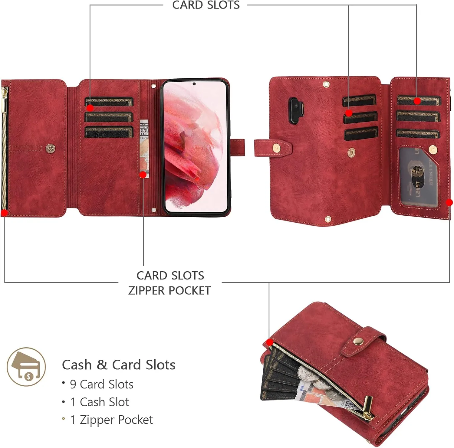 UEEBAI Case for Samsung Galaxy S9, 9 Card Slots Retro Leather Wallet Shockproof Flip Cover with Hand Strap Card Slots Zipper Pocket Kickstand Handbag Magnetic Closure - Retro Red Wine
