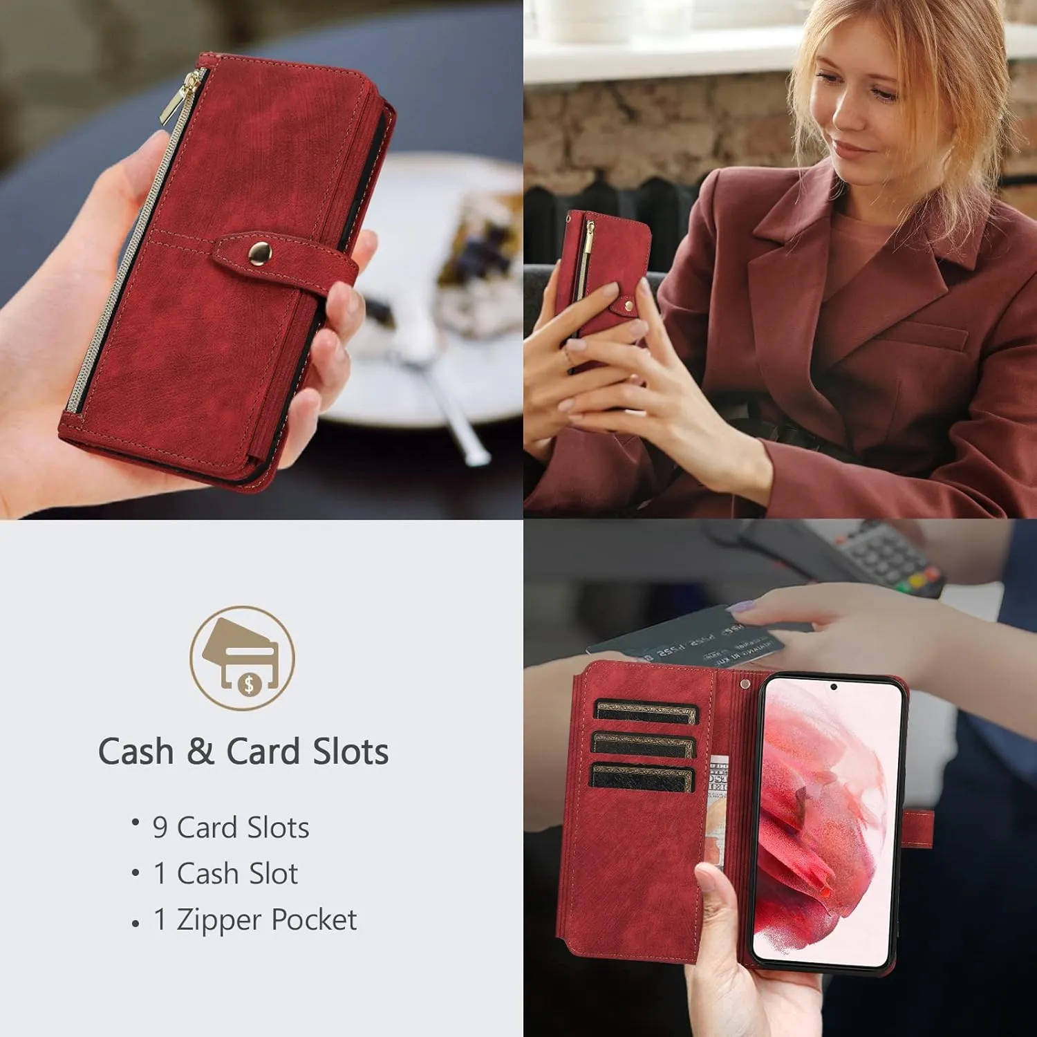 UEEBAI Case for Samsung Galaxy S9, 9 Card Slots Retro Leather Wallet Shockproof Flip Cover with Hand Strap Card Slots Zipper Pocket Kickstand Handbag Magnetic Closure - Retro Red Wine