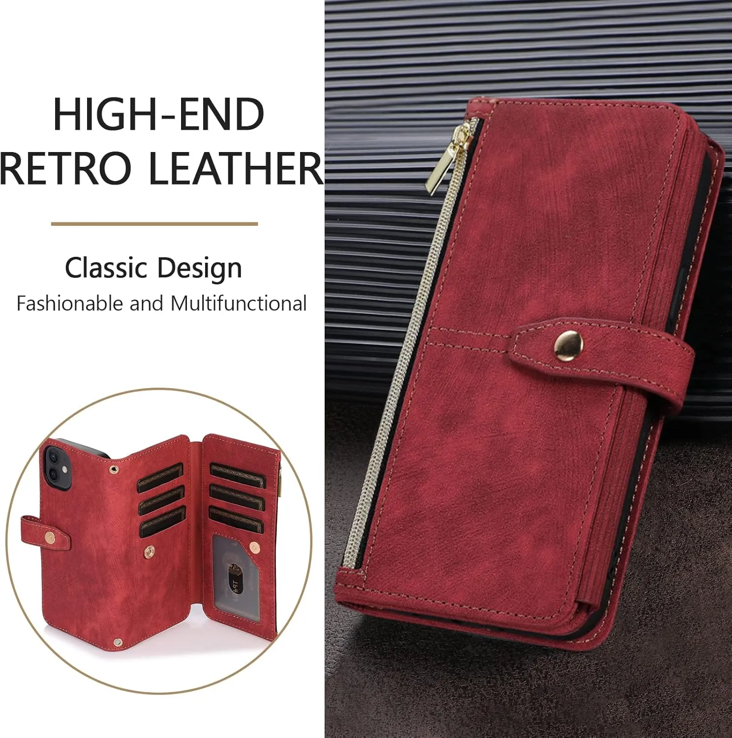 UEEBAI Case for Samsung Galaxy S9, 9 Card Slots Retro Leather Wallet Shockproof Flip Cover with Hand Strap Card Slots Zipper Pocket Kickstand Handbag Magnetic Closure - Retro Red Wine