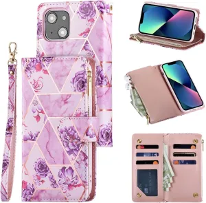 UEEBAI Wallet Case for iPhone 13 6.1 inch, Premium Vintage PU Leather Magnetic Closure Handbag Zipper Pocket Case Kickstand Card Holder Slots with Wrist Strap TPU Shockproof Flip Case -Purple Flower