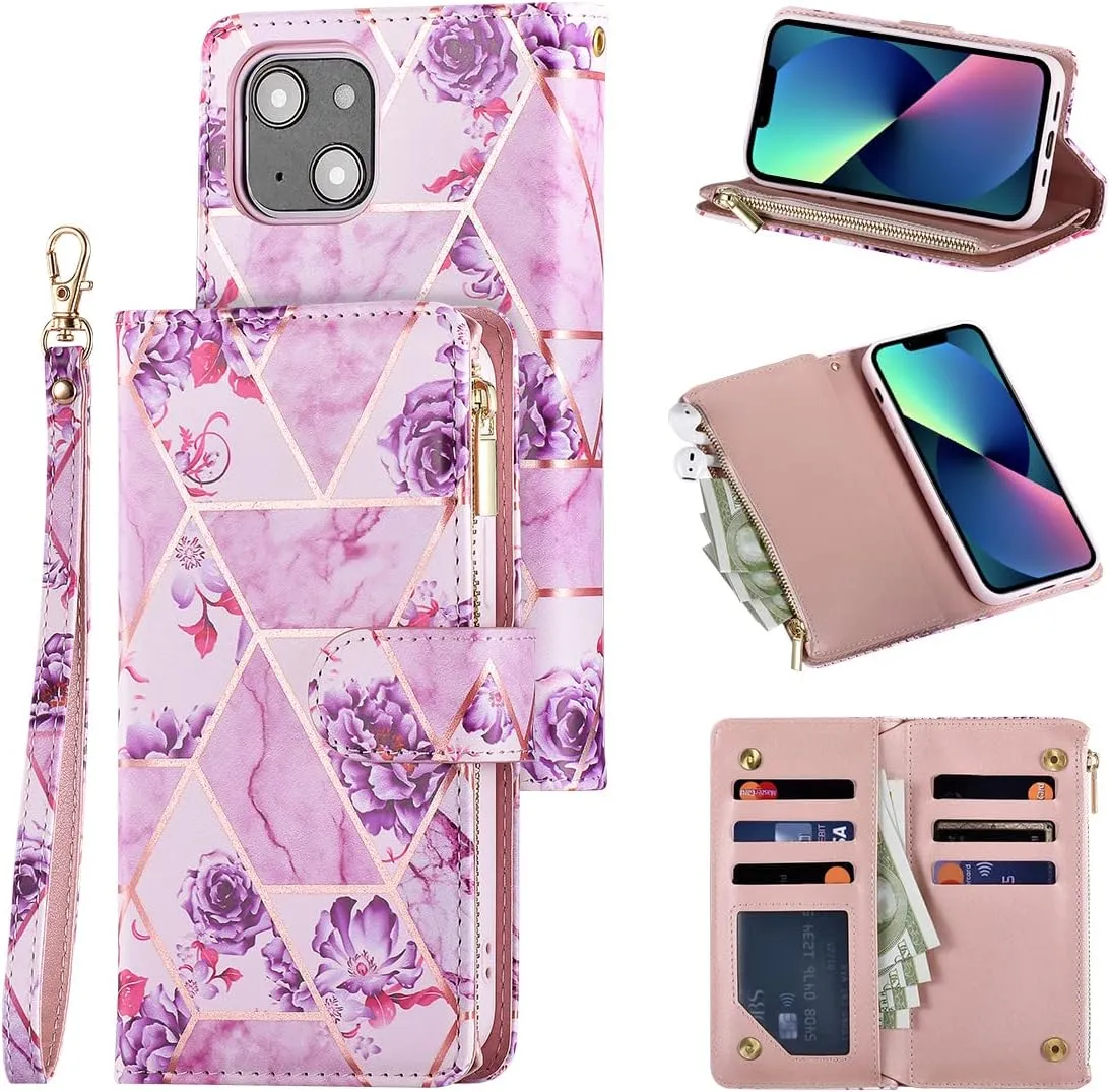 UEEBAI Wallet Case for iPhone 13 6.1 inch, Premium Vintage PU Leather Magnetic Closure Handbag Zipper Pocket Case Kickstand Card Holder Slots with Wrist Strap TPU Shockproof Flip Case -Purple Flower