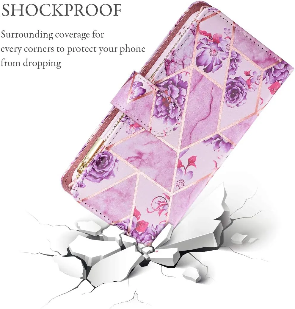 UEEBAI Wallet Case for iPhone 13 6.1 inch, Premium Vintage PU Leather Magnetic Closure Handbag Zipper Pocket Case Kickstand Card Holder Slots with Wrist Strap TPU Shockproof Flip Case -Purple Flower