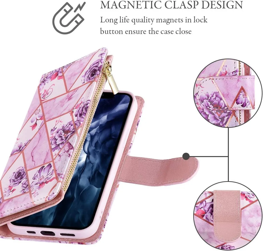 UEEBAI Wallet Case for iPhone 13 6.1 inch, Premium Vintage PU Leather Magnetic Closure Handbag Zipper Pocket Case Kickstand Card Holder Slots with Wrist Strap TPU Shockproof Flip Case -Purple Flower