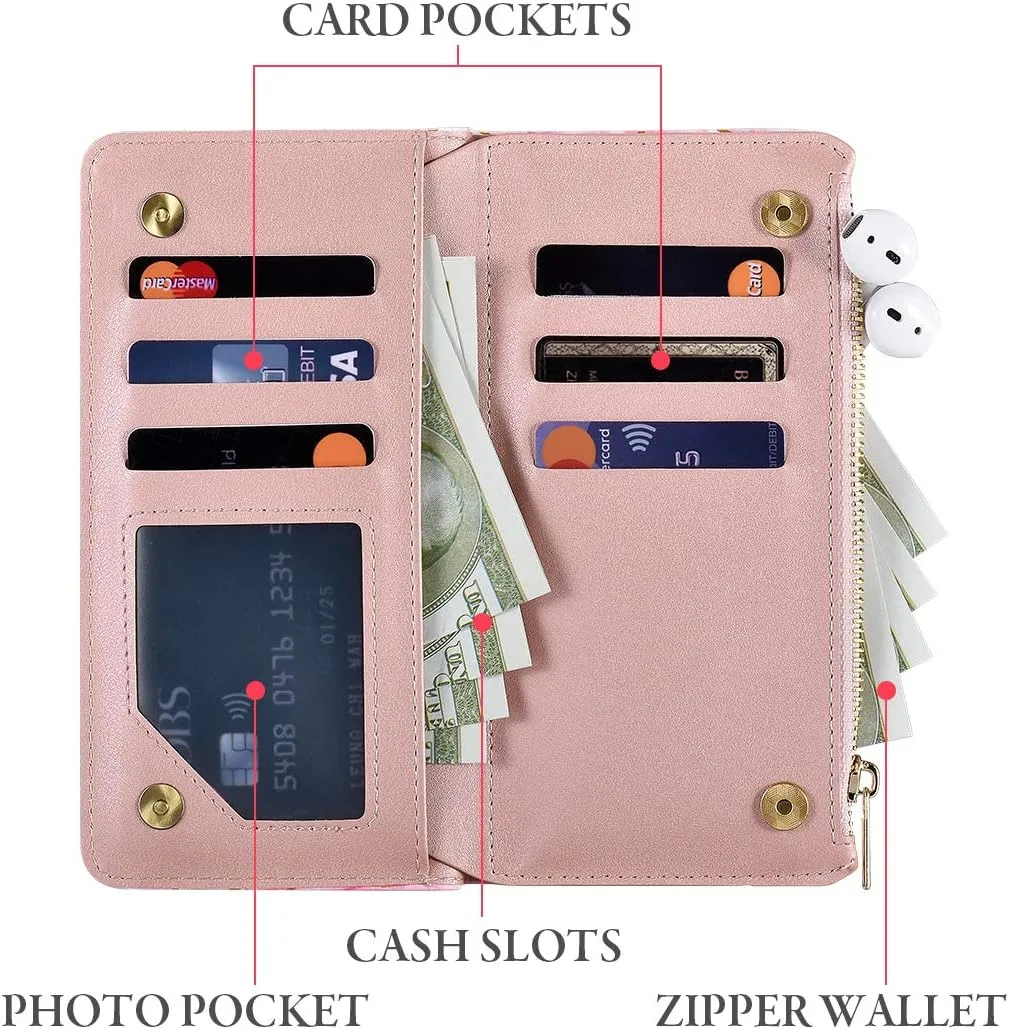 UEEBAI Wallet Case for iPhone 13 6.1 inch, Premium Vintage PU Leather Magnetic Closure Handbag Zipper Pocket Case Kickstand Card Holder Slots with Wrist Strap TPU Shockproof Flip Case -Purple Flower