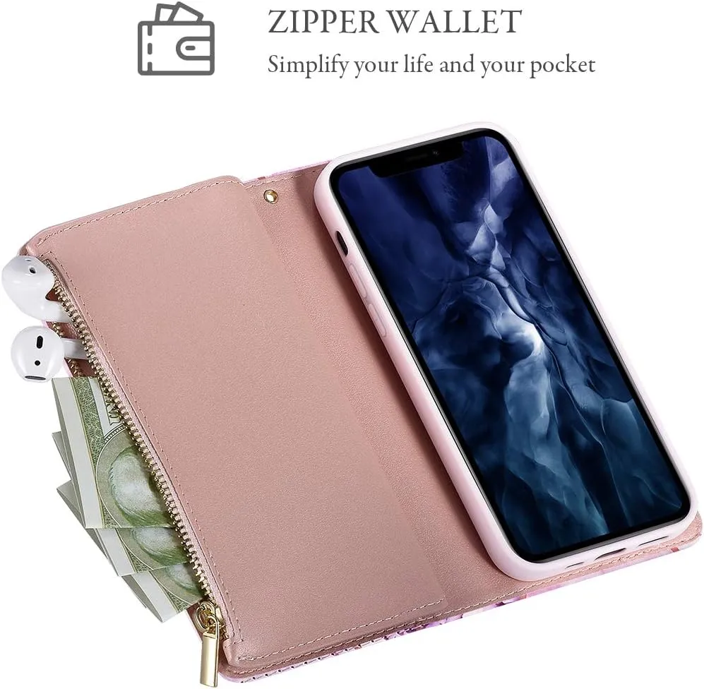 UEEBAI Wallet Case for iPhone 13 6.1 inch, Premium Vintage PU Leather Magnetic Closure Handbag Zipper Pocket Case Kickstand Card Holder Slots with Wrist Strap TPU Shockproof Flip Case -Purple Flower