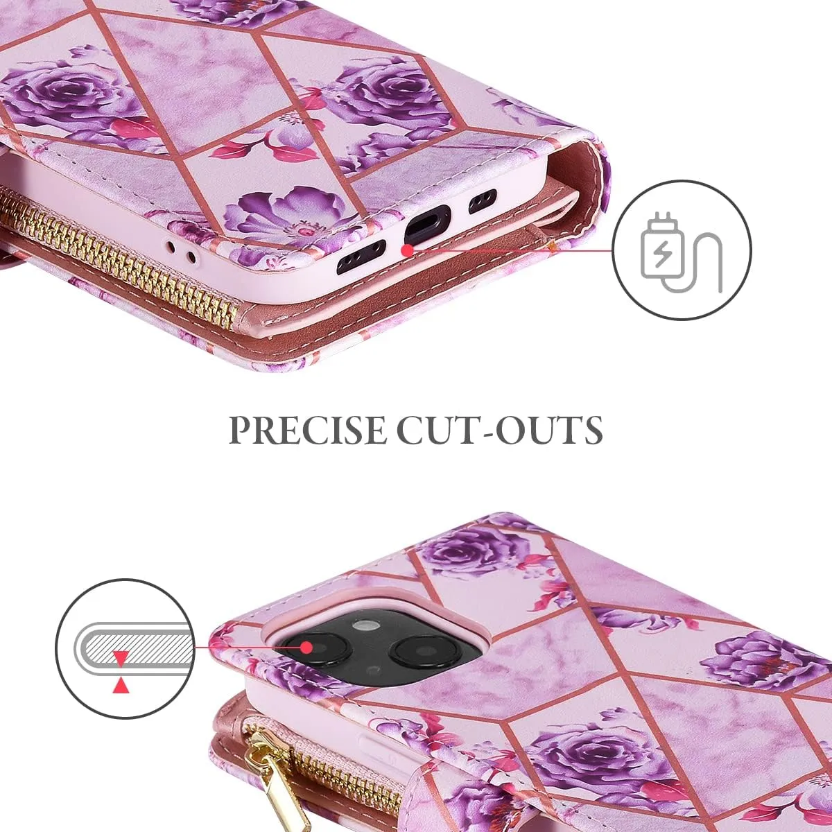 UEEBAI Wallet Case for iPhone 13 6.1 inch, Premium Vintage PU Leather Magnetic Closure Handbag Zipper Pocket Case Kickstand Card Holder Slots with Wrist Strap TPU Shockproof Flip Case -Purple Flower