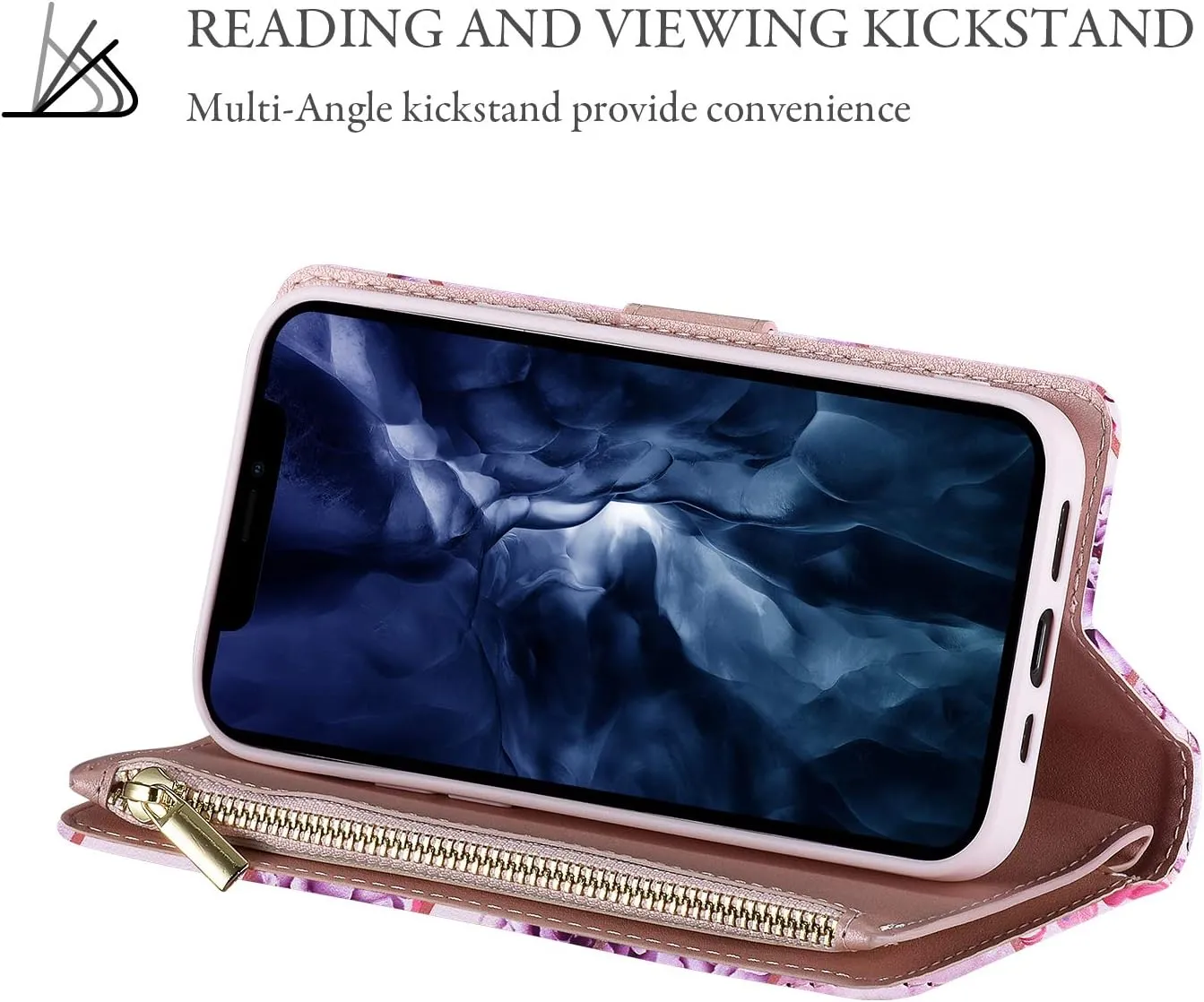 UEEBAI Wallet Case for iPhone 13 6.1 inch, Premium Vintage PU Leather Magnetic Closure Handbag Zipper Pocket Case Kickstand Card Holder Slots with Wrist Strap TPU Shockproof Flip Case -Purple Flower