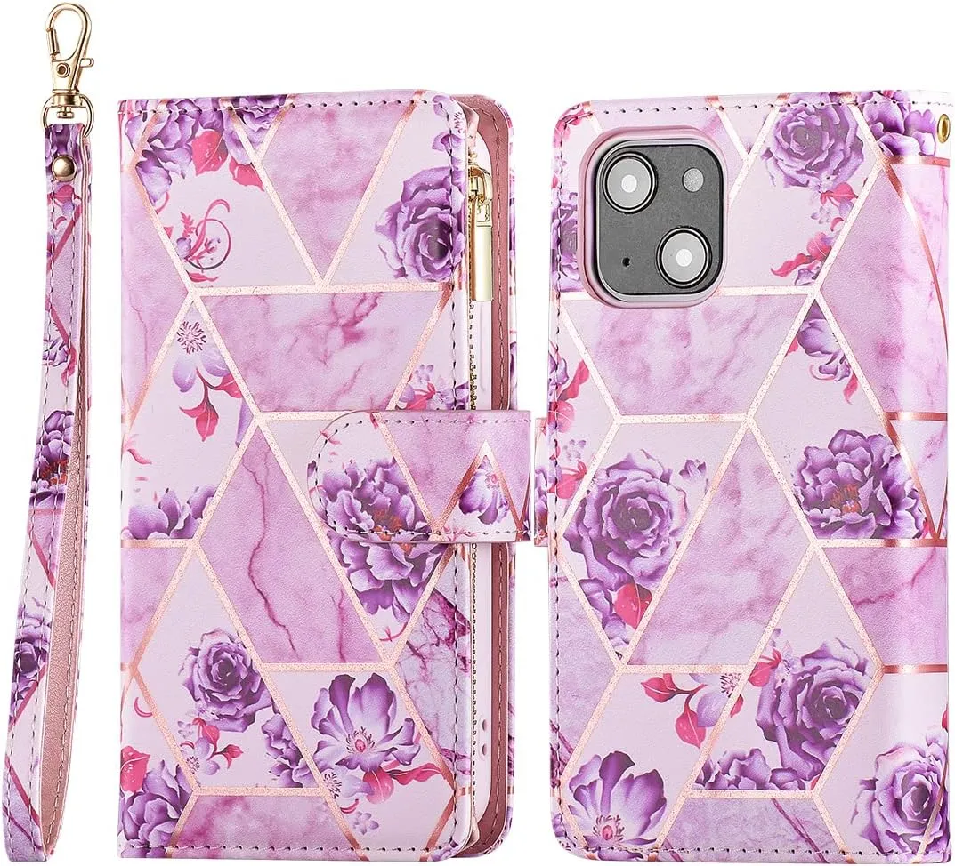 UEEBAI Wallet Case for iPhone 13 6.1 inch, Premium Vintage PU Leather Magnetic Closure Handbag Zipper Pocket Case Kickstand Card Holder Slots with Wrist Strap TPU Shockproof Flip Case -Purple Flower