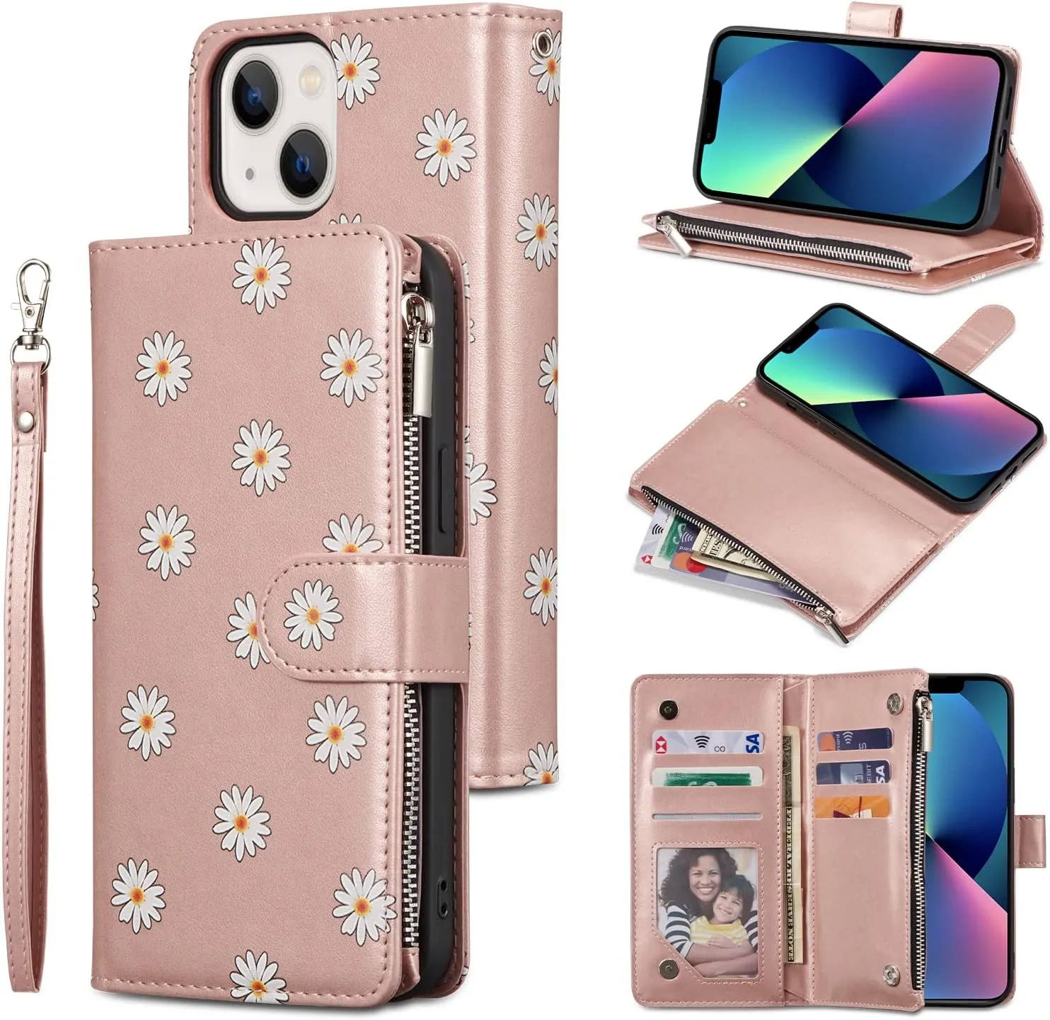 UEEBAI Wallet Case for iPhone 13 6.1 inch, Premium Vintage PU Leather Magnetic Closure Handbag Zipper Pocket Case Kickstand Card Holder Slots with Wrist Strap TPU Shockproof Flip Case - Rose Gold#