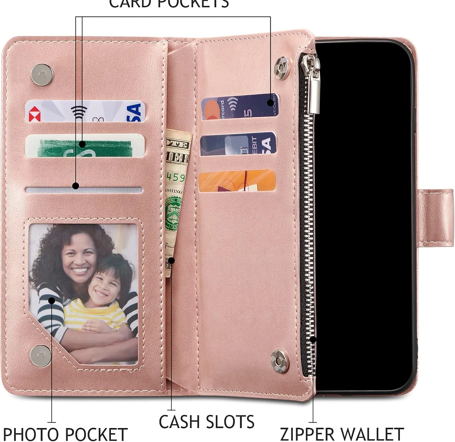 UEEBAI Wallet Case for iPhone 13 6.1 inch, Premium Vintage PU Leather Magnetic Closure Handbag Zipper Pocket Case Kickstand Card Holder Slots with Wrist Strap TPU Shockproof Flip Case - Rose Gold#