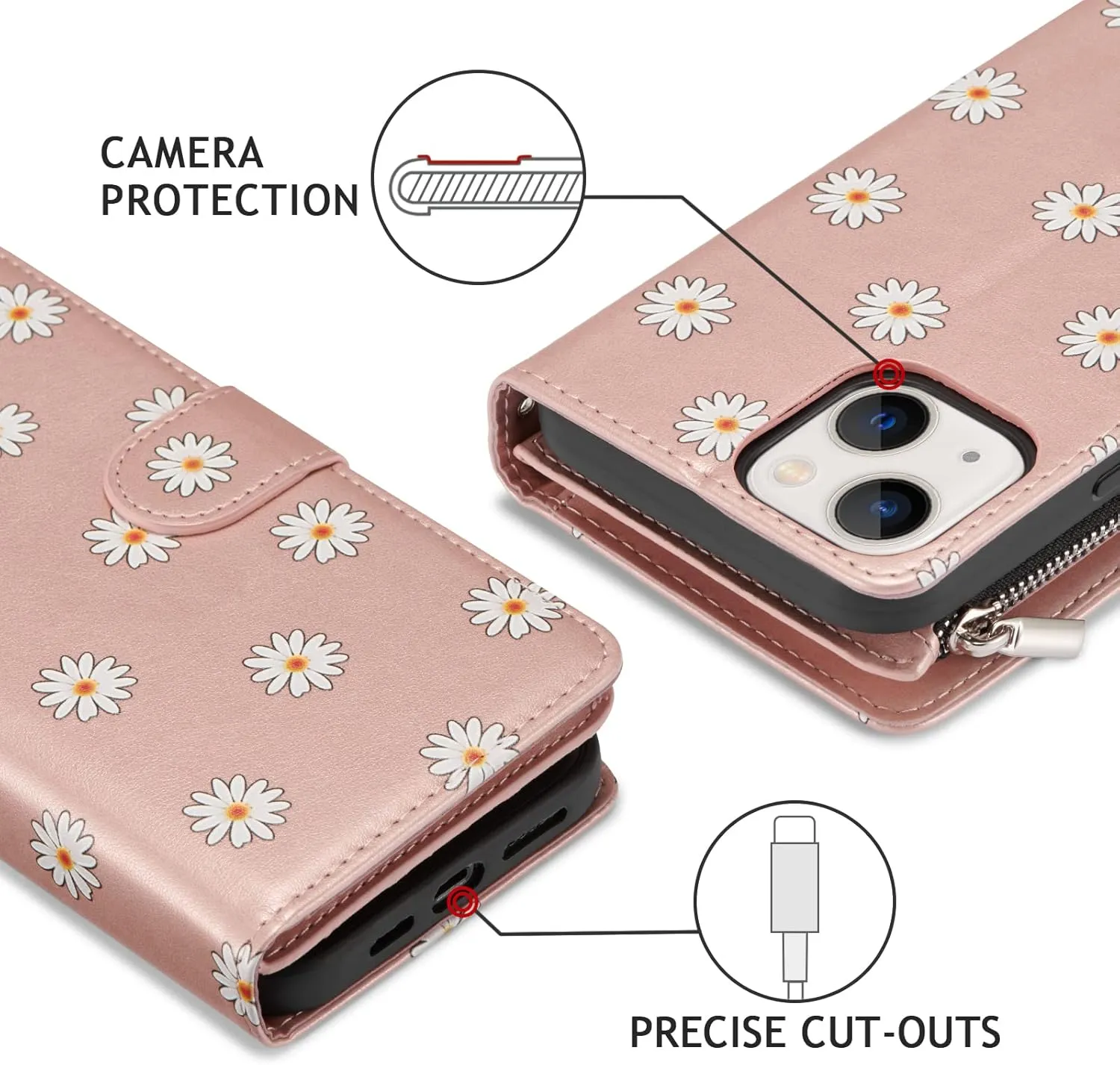 UEEBAI Wallet Case for iPhone 13 6.1 inch, Premium Vintage PU Leather Magnetic Closure Handbag Zipper Pocket Case Kickstand Card Holder Slots with Wrist Strap TPU Shockproof Flip Case - Rose Gold#