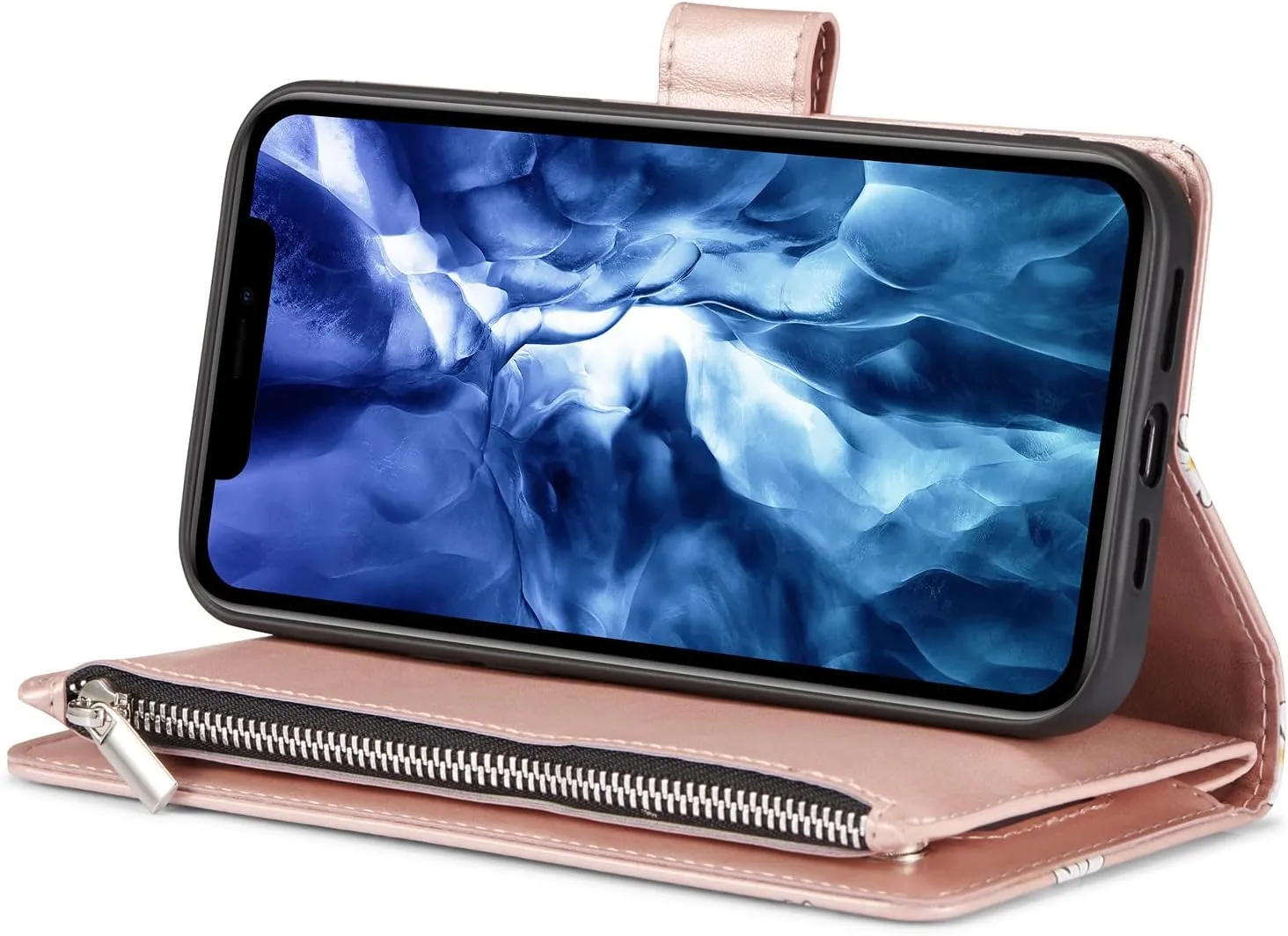 UEEBAI Wallet Case for iPhone 13 6.1 inch, Premium Vintage PU Leather Magnetic Closure Handbag Zipper Pocket Case Kickstand Card Holder Slots with Wrist Strap TPU Shockproof Flip Case - Rose Gold#