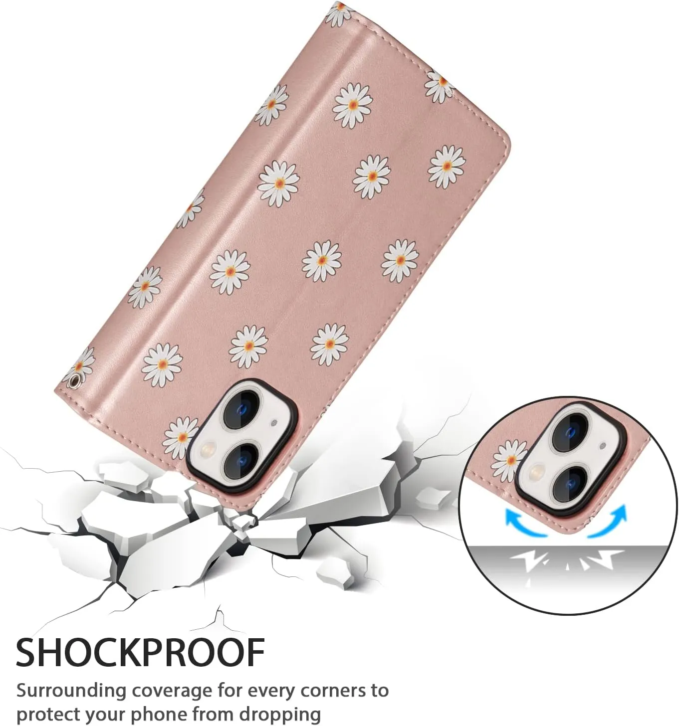 UEEBAI Wallet Case for iPhone 13 6.1 inch, Premium Vintage PU Leather Magnetic Closure Handbag Zipper Pocket Case Kickstand Card Holder Slots with Wrist Strap TPU Shockproof Flip Case - Rose Gold#
