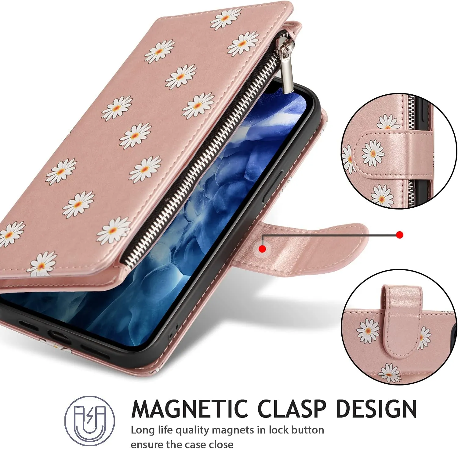 UEEBAI Wallet Case for iPhone 13 6.1 inch, Premium Vintage PU Leather Magnetic Closure Handbag Zipper Pocket Case Kickstand Card Holder Slots with Wrist Strap TPU Shockproof Flip Case - Rose Gold#