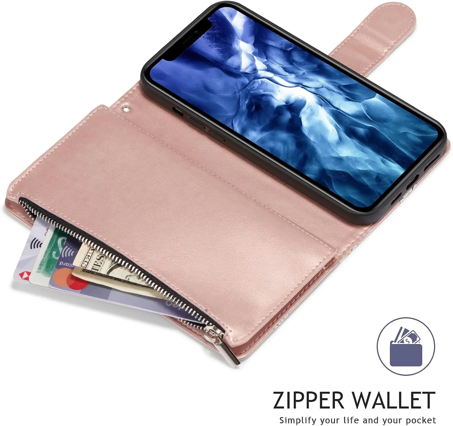 UEEBAI Wallet Case for iPhone 13 6.1 inch, Premium Vintage PU Leather Magnetic Closure Handbag Zipper Pocket Case Kickstand Card Holder Slots with Wrist Strap TPU Shockproof Flip Case - Rose Gold#
