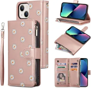 UEEBAI Wallet Case for iPhone 13 6.1 inch, Premium Vintage PU Leather Magnetic Closure Handbag Zipper Pocket Case Kickstand Card Holder Slots with Wrist Strap TPU Shockproof Flip Case - Rose Gold#