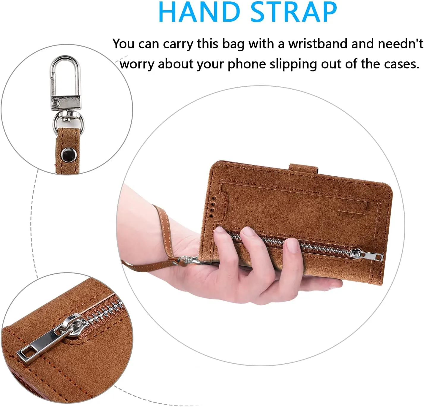UEEBAI Wallet Case for iPhone 16e, 9 Card Holder Slots Zipper Pocket Handbag Cover Magnetic Closure Kickstand with Wrist Strap TPU Shockproof SE4 Flip Case for Women - Brown
