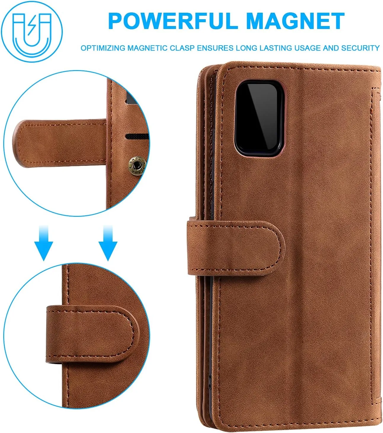 UEEBAI Wallet Case for iPhone 16e, 9 Card Holder Slots Zipper Pocket Handbag Cover Magnetic Closure Kickstand with Wrist Strap TPU Shockproof SE4 Flip Case for Women - Brown