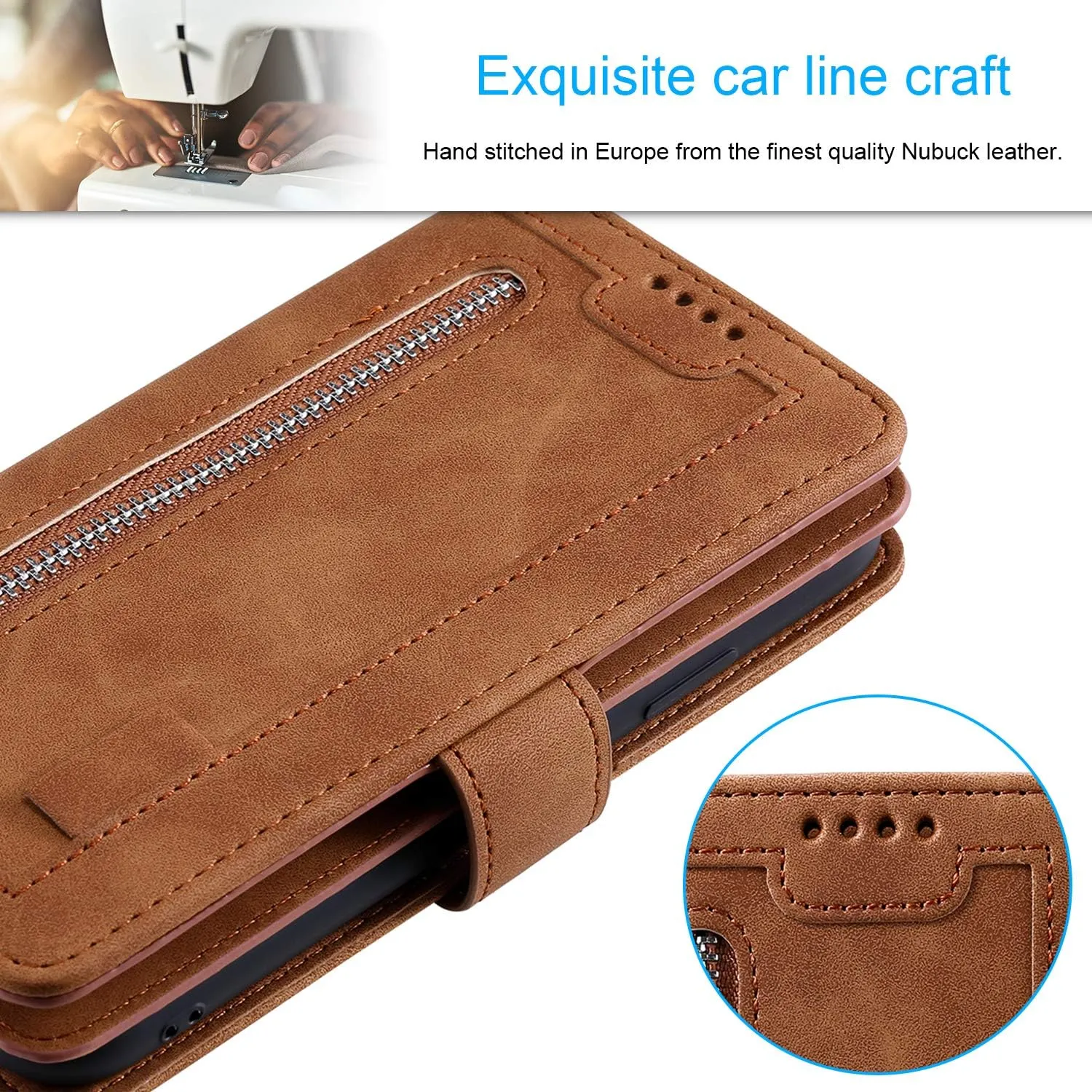 UEEBAI Wallet Case for iPhone 16e, 9 Card Holder Slots Zipper Pocket Handbag Cover Magnetic Closure Kickstand with Wrist Strap TPU Shockproof SE4 Flip Case for Women - Brown