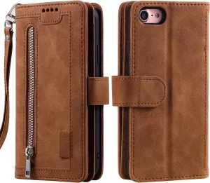 UEEBAI Wallet Case for iPhone 16e, 9 Card Holder Slots Zipper Pocket Handbag Cover Magnetic Closure Kickstand with Wrist Strap TPU Shockproof SE4 Flip Case for Women - Brown