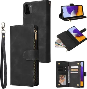 UEEBAI Wallet Case for Samsung Galaxy A22 5G, Premium Vintage PU Leather Magnetic Closure Handbag Zipper Pocket Case Kickstand Card Holder Slots with Wrist Strap TPU Shockproof Flip Cover - Black