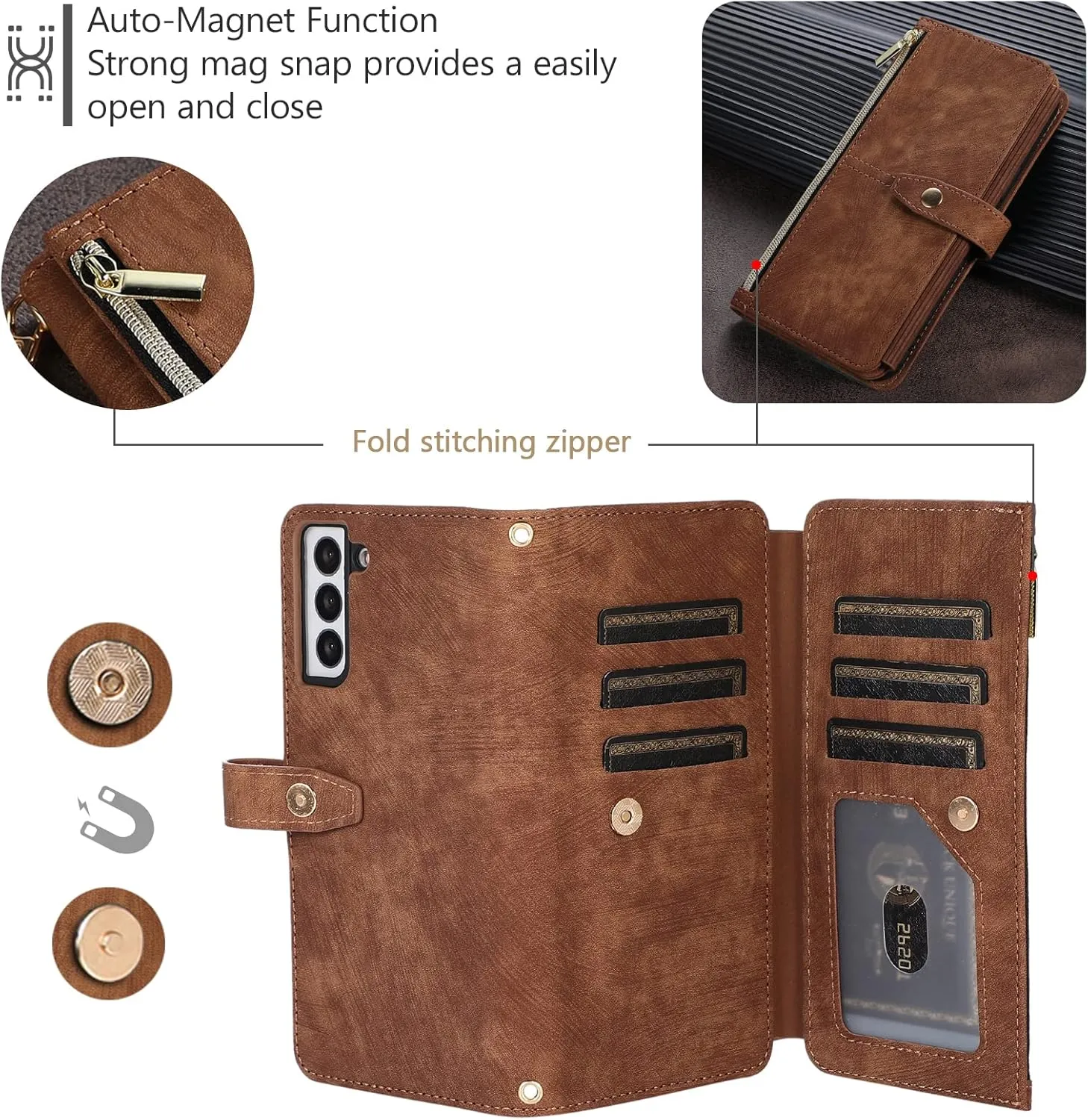 UEEBAI Wallet Case for Samsung Galaxy A35 5G, 9 Card Slots Retro Leather Wallet Shockproof Flip Cover with Hand Strap Card Slots Zipper Pocket Kickstand Handbag Magnetic Closure - Retro Brown