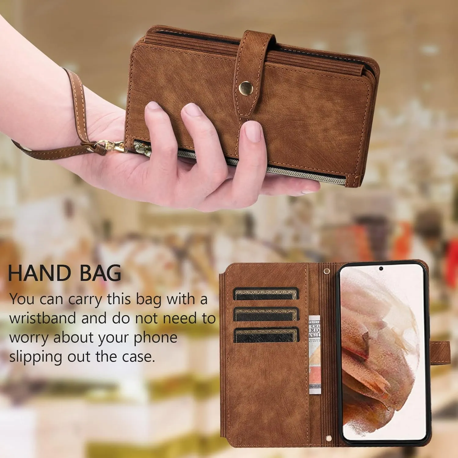 UEEBAI Wallet Case for Samsung Galaxy A35 5G, 9 Card Slots Retro Leather Wallet Shockproof Flip Cover with Hand Strap Card Slots Zipper Pocket Kickstand Handbag Magnetic Closure - Retro Brown
